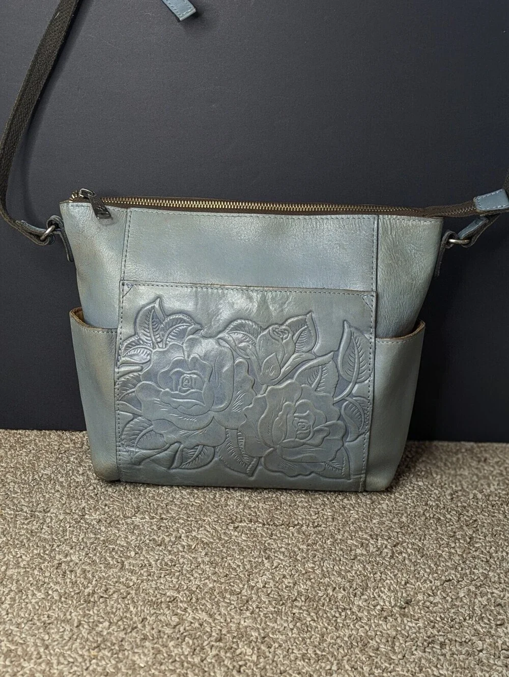 Patricia Nash Aveley Crossbody Bag Safflower Blue Floral Tooled Leather Purse